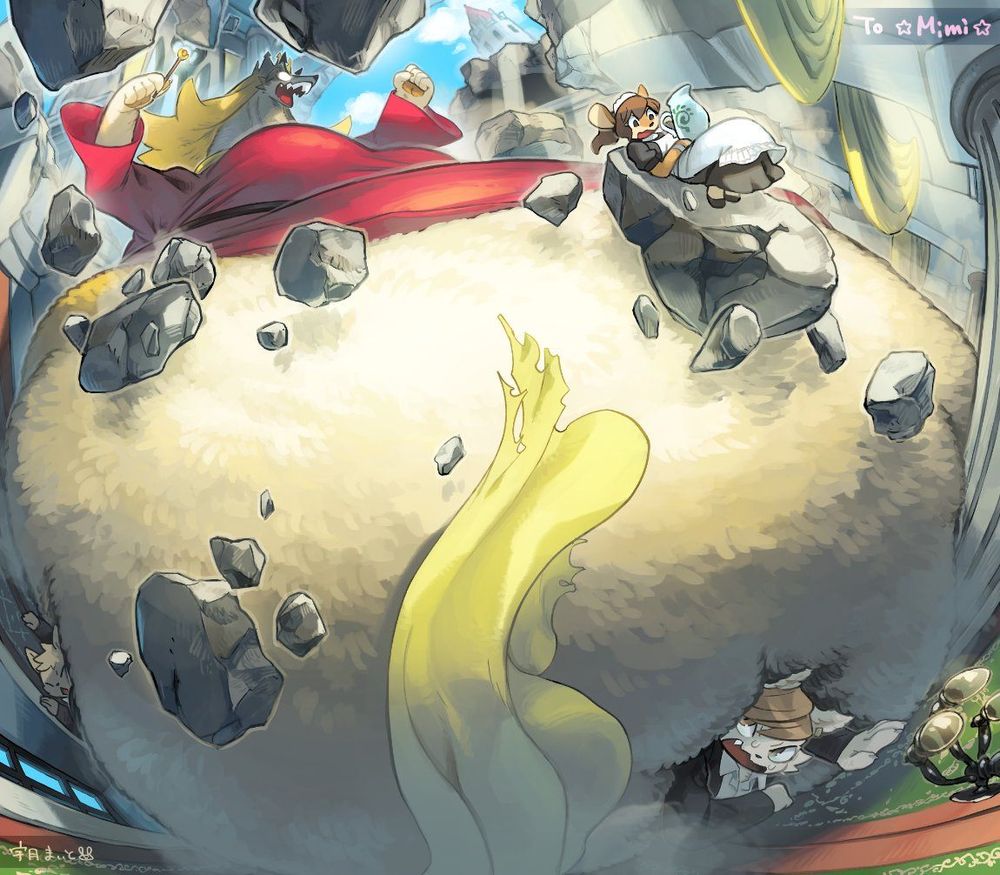 Queen Delrose growing uncontrollably in a fit of rage as her castle crumbles around her, much to the fear of her servants. 