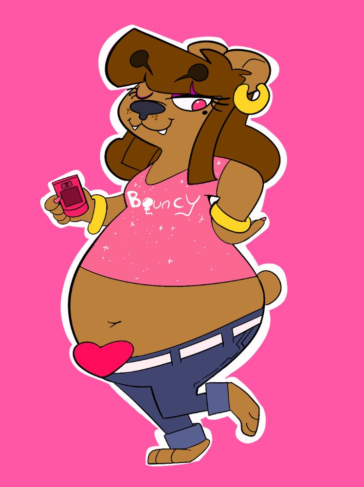 An anthropomorphic balloon shaped bear imposed against a pink background holding a hot pink Razr phone 