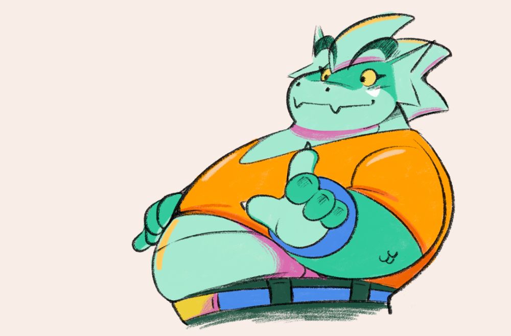 A green scaled anthropomorphic dragon in an orange shirt
