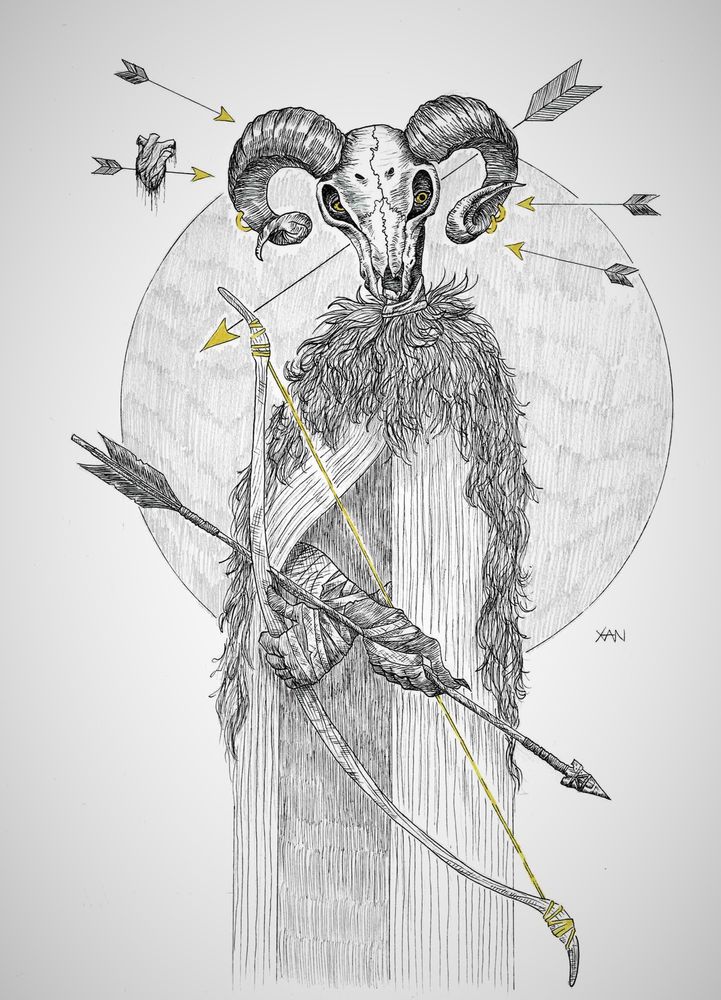 Hunter with a ram skull for a head