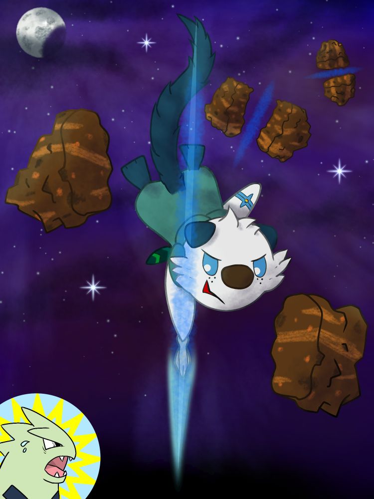 Digital drawing of Josha's character, Josh Smith, a fluffy oshawott cutting through a tyranitar's rocks summond by its rock slide attack with a night a sky as a background. Commission drawn by Rio.