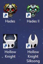 A screencap of my desktop with the icons for Hades, Hades II, Hollow Knight, and Hollow Knight: Silksong