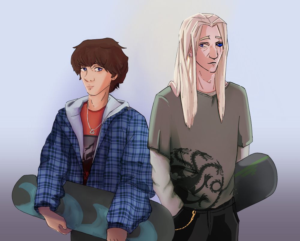 Aemond and lucerys holding skateboards. luke wears the necklace daemon gave rhaenyra