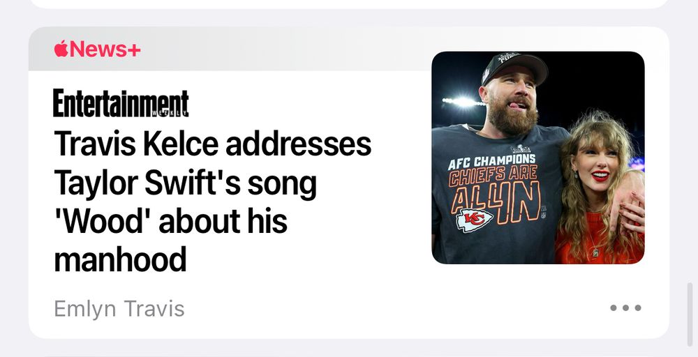 News+
Entertainment
Travis Kelce addresses
Taylor Swift's song
'Wood' about his manhood
Emlyn Travis
AFC CHAMPIONS CHIEFS ARE