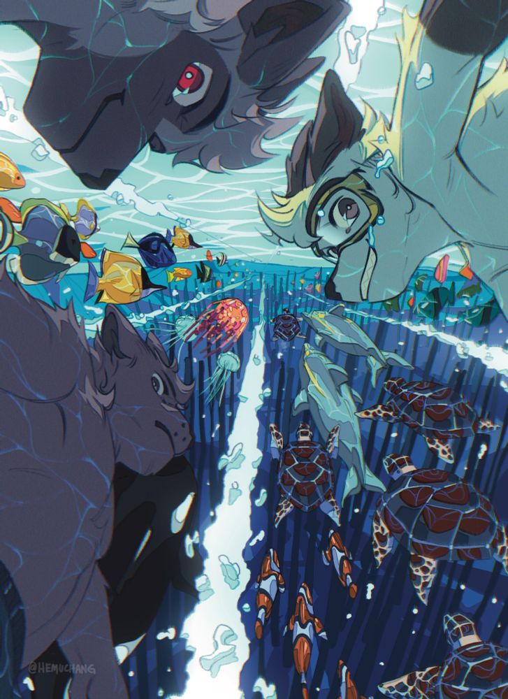 pots, autumn and hemu swimming in the sea with marine animals 