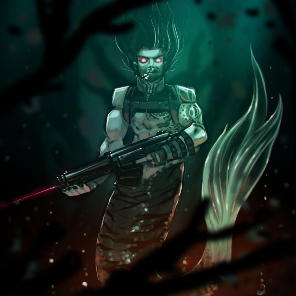 An angry mermaid with a gun that shouldn't work under water but does. 