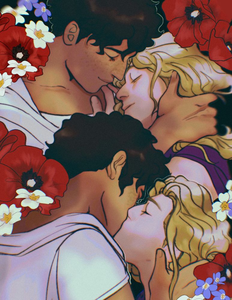 drawing of patroclus and achilles with poppies, primroses and forget me not flowers surrounding them