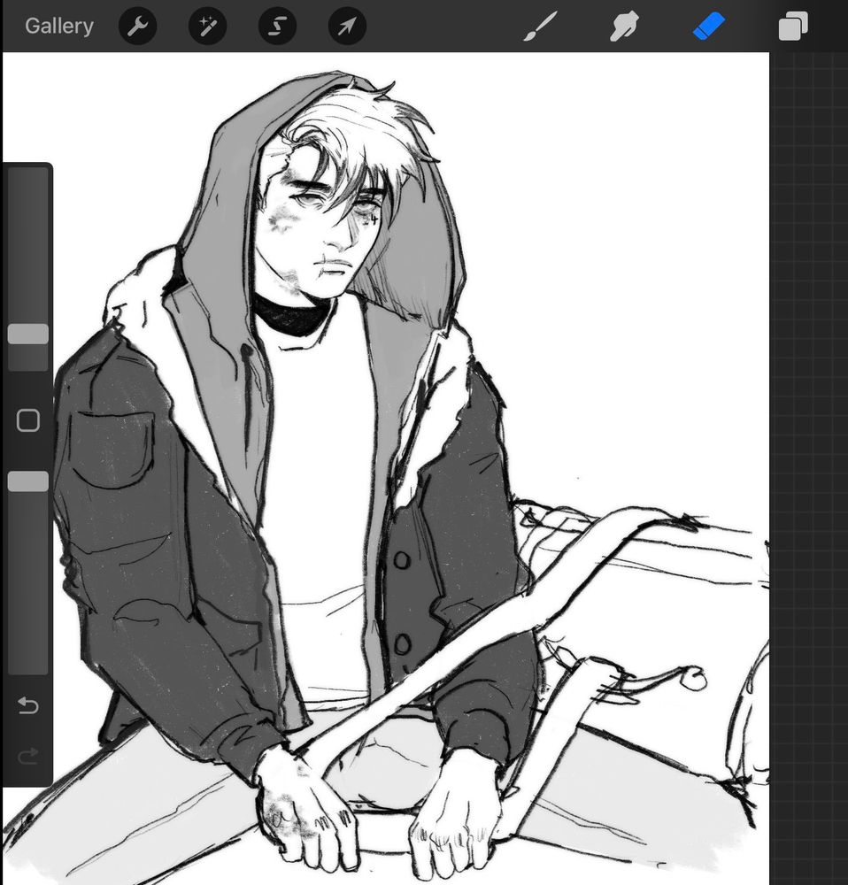 black and white drawing of Neil waiting at the aiport after christmas with the Ravens