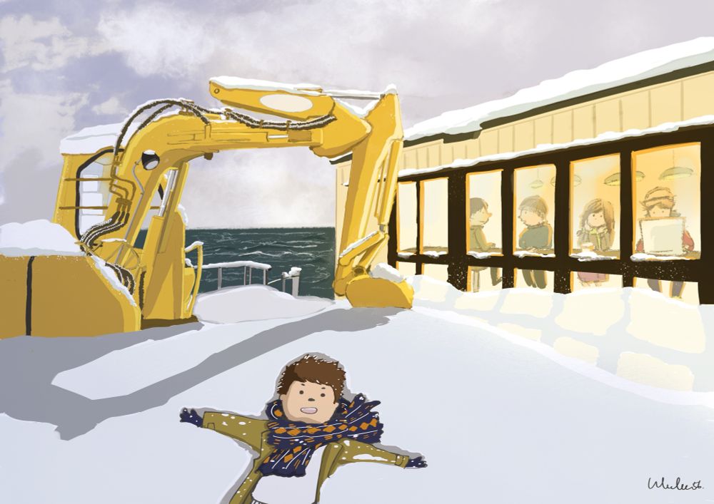 A digital illustration of a snowy outdoor scene by the sea. A boy lies on the snow in the foreground, arms spread wide, wearing a brown jacket and a blue scarf with orange patterns. Behind the boy, a large yellow excavator is partially covered in snow. To the right, a warm, well-lit building with large windows shows several people seated inside, engaged in various activities. The sea in the background appears cold and choppy, and the sky is overcast with hints of snow clouds.