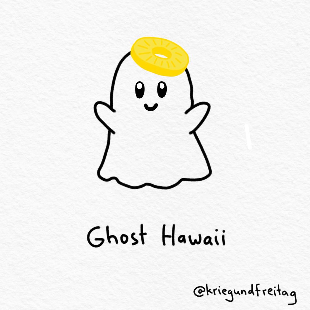 Geist mit Ananasscheibe auf dem Kopf. Darunter steht „Ghost Hawaii“. 