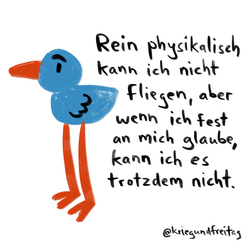 Zeichnung eines Vogels mit sehr kleinen Flügeln. Darunter steht „Rein physikalisch kann ich nicht fliegen, aber wenn ich fest an mich glaube, kann ich es trotzdem nicht.“ 