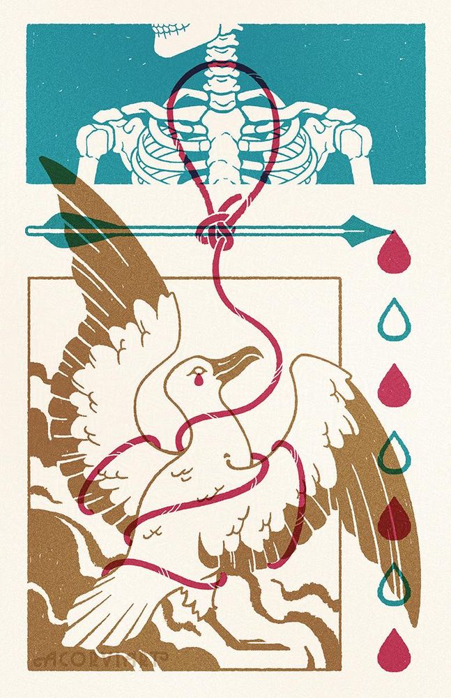 Illustration based on the The Rime of the Ancient Mariner, where the phrase “albatross around your neck” is derived from. An albatross is tangled in rope, with the rope forming a noose around a skeleton’s neck and tied with a bowline knot. An arrow intersects the knot, and tears drip from the point of the arrow.