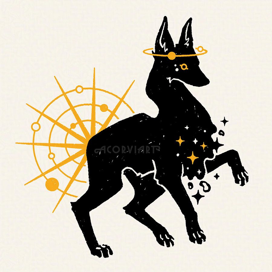 Illustration of a cosmic jackal with orbiting planets around its head like a halo and a compass-like orbit of planets instead of a tail. Its chest is nebula-like and dripping with stars. 