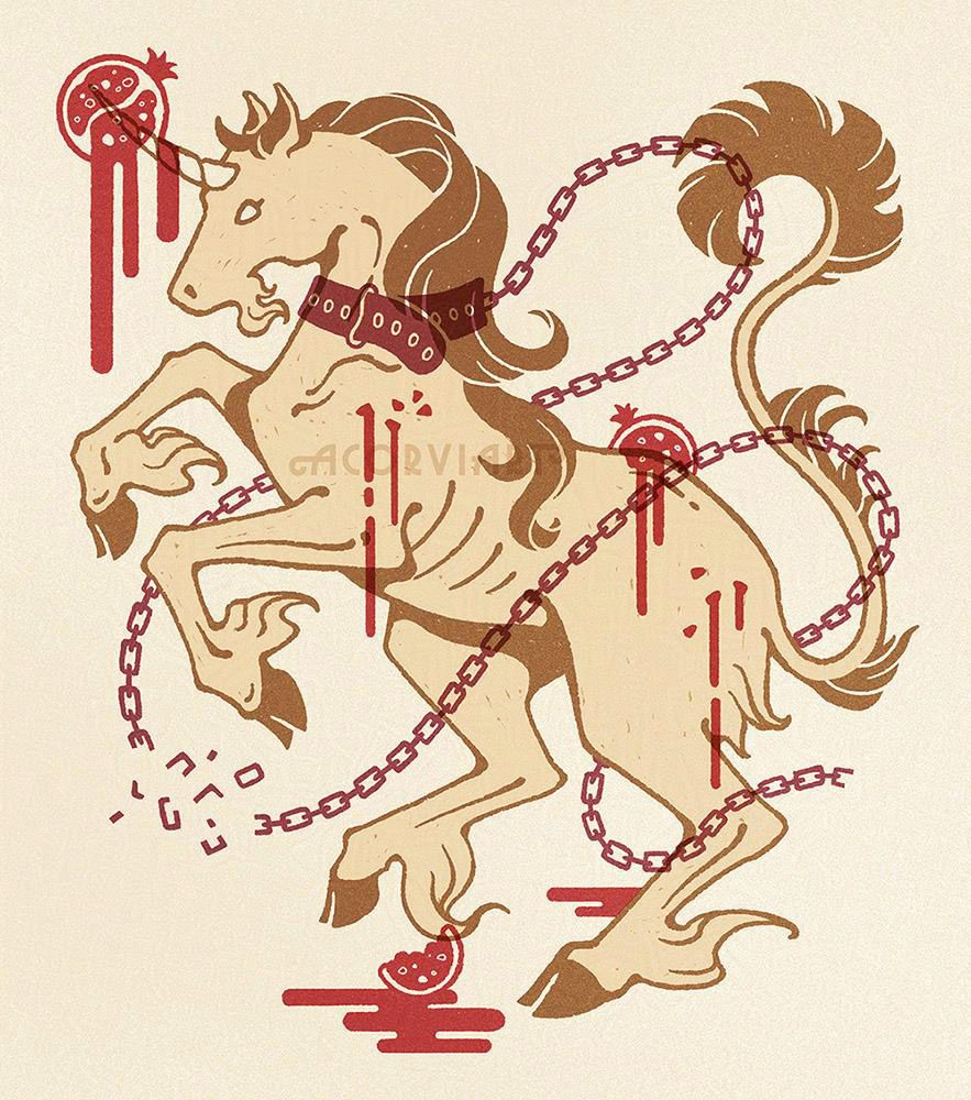 Illustration based on the “Unicorn in Captivity” tapestry. The unicorn is rearing up and snapping the chain trailing from its neck. Its horn pierces a dripping pomegranate, and various pieces of pomegranate and seeds are dripping from its body or lying on the ground.