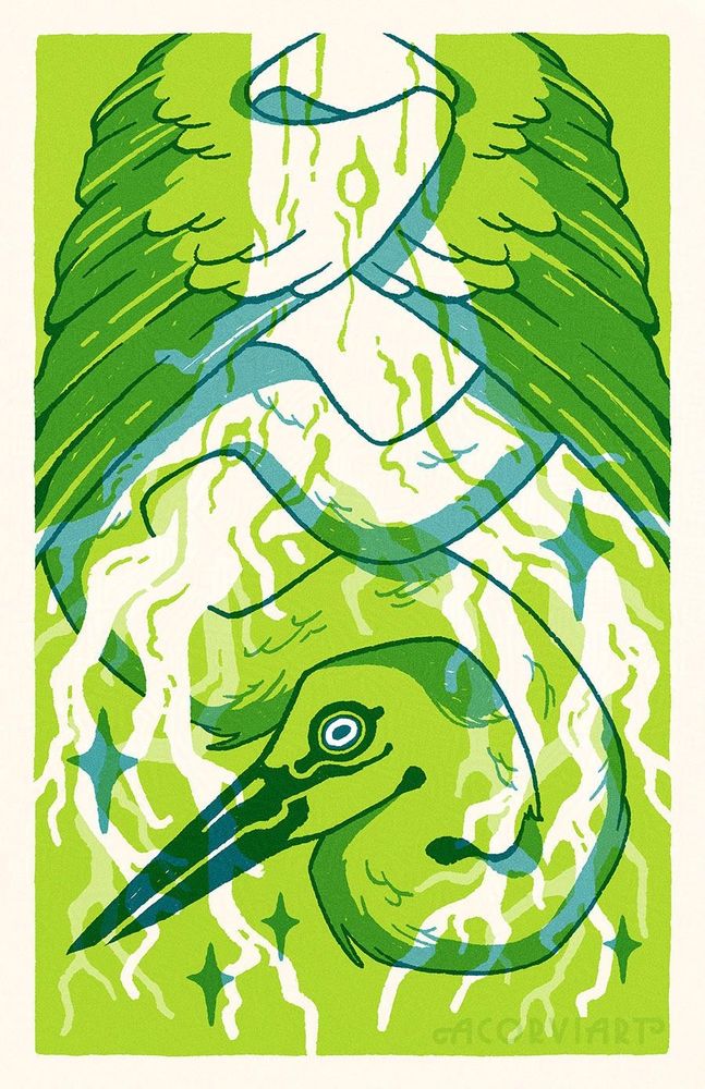 Illustration of a heron twisting around the roots of a white tree, with the heron’s head cradled by the center of the roots.

