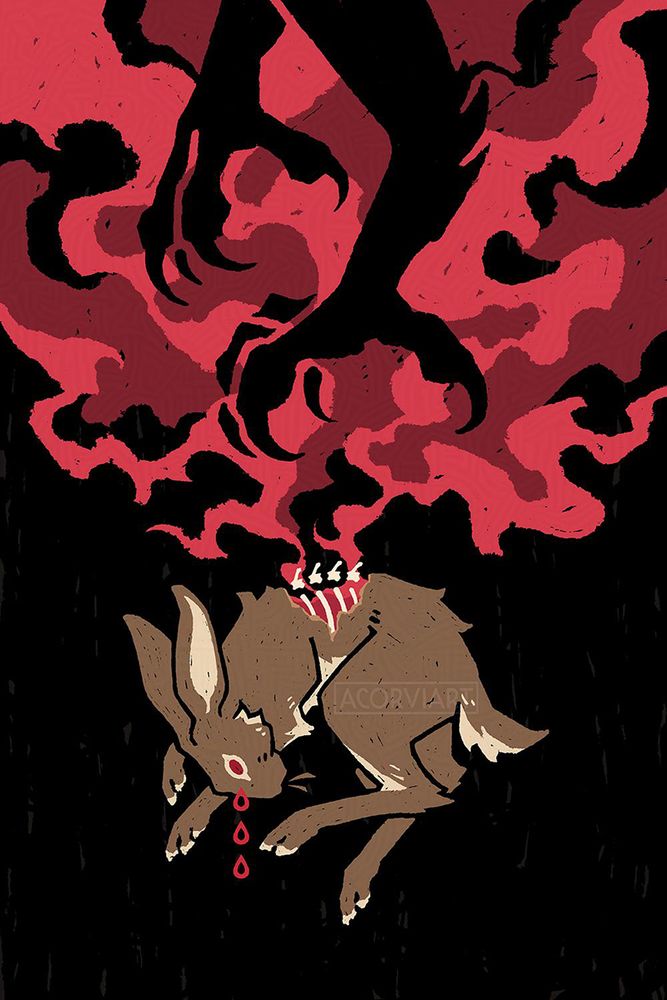 illustration of a hare curled up and crying red tears, with a wound on its back exposing spine and ribs. red smoke emerges from the wound and silhouette two giant bird of prey feet