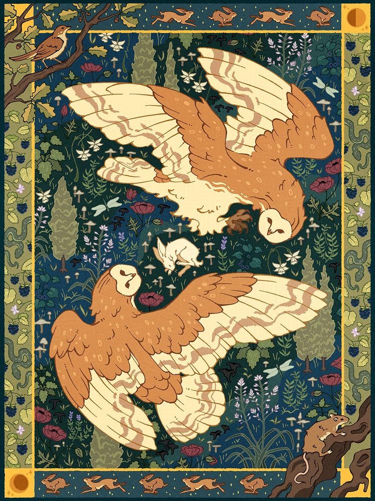 Illustration of a millefleurs-style tapestry of two barn owls circling a curled up rabbit. The animals are surrounded by various other plants and animals that juxtapose symbols of life and death, making it unclear if the rabbit lives or dies.