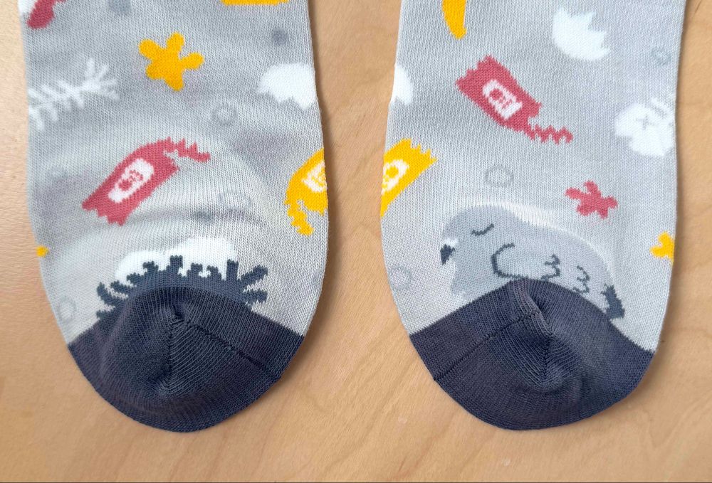 Both sides of the sock foot, one side with a pigeon and the other side with a nest of eggs.