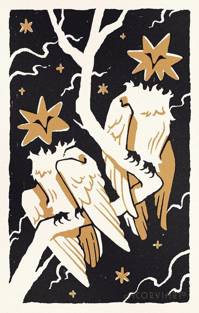 Dual-color illustration (gold and black) of two owls with stars for heads against a black starry sky, perched on a branch and staring at the viewer. 