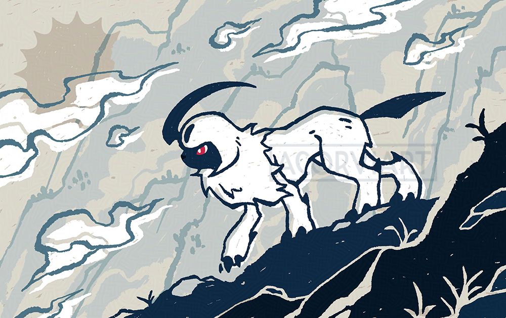 Illustration of an Absol walking along a mountainside, with stylized clouds and mountains in the background. The style is reminiscent of block printing, and the mountains are stylized to call to mind Chinese mountain paintings.