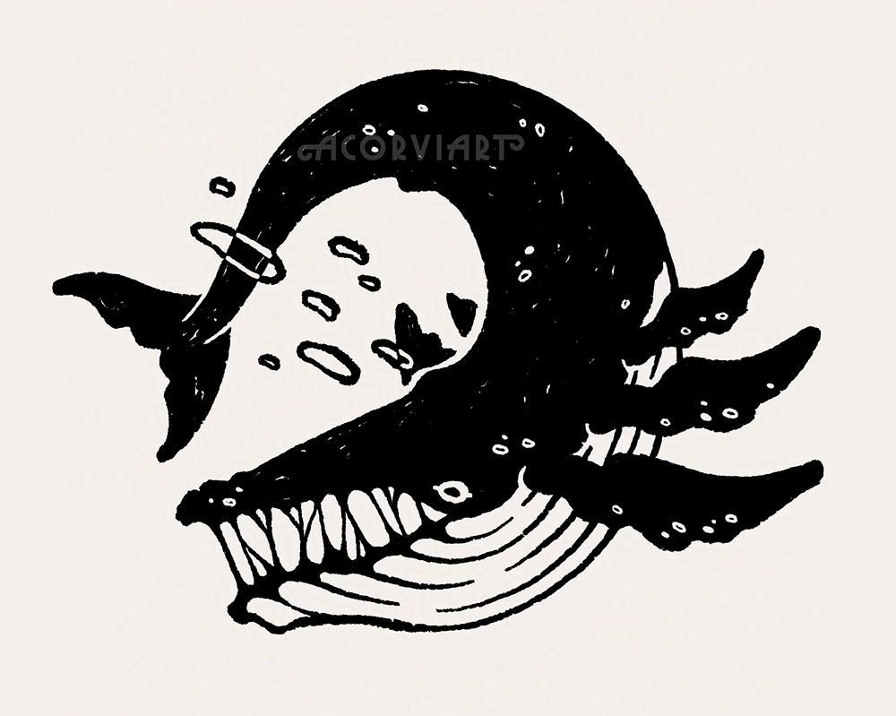 Illustration of a humpback whale with corrupted features—a mouth connected by black tendrils and 3 pairs of pectoral fins.