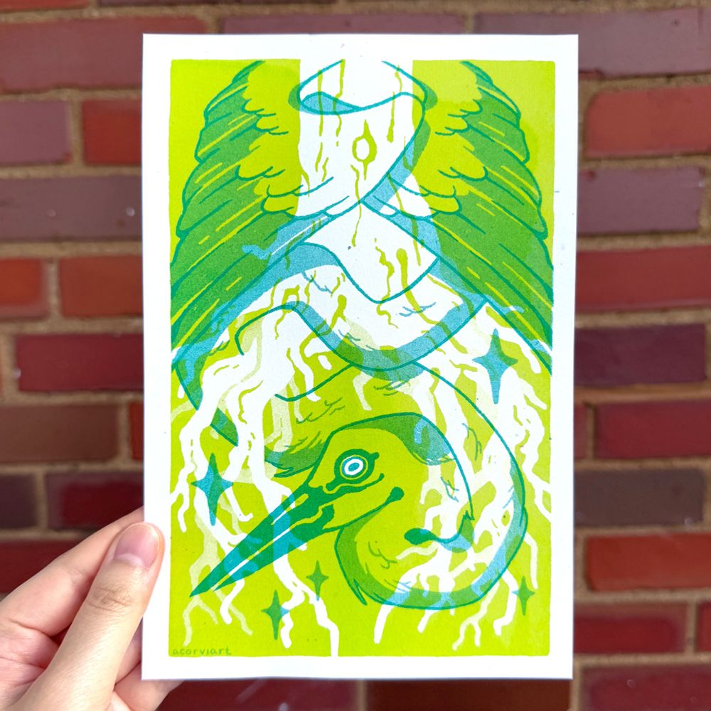 Riso print of a heron twisting around the roots of a white tree, with the heron’s head cradled by the center of the roots.
