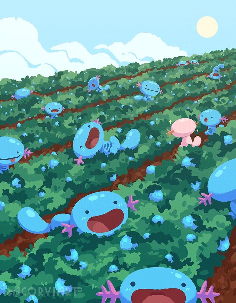 Illustration of many wooper playing in a field of rawst berries. One of them is shiny, and the one next to it is fascinated.