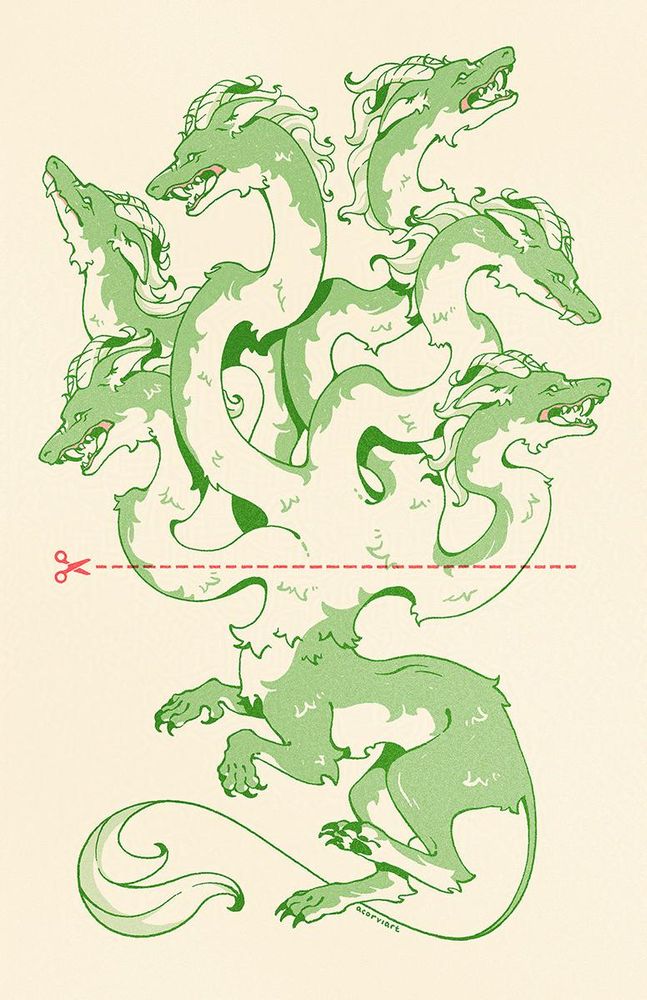 Illustration of a hydra with a scissor cutline (like craft instructions) across the bottoms of the necks.