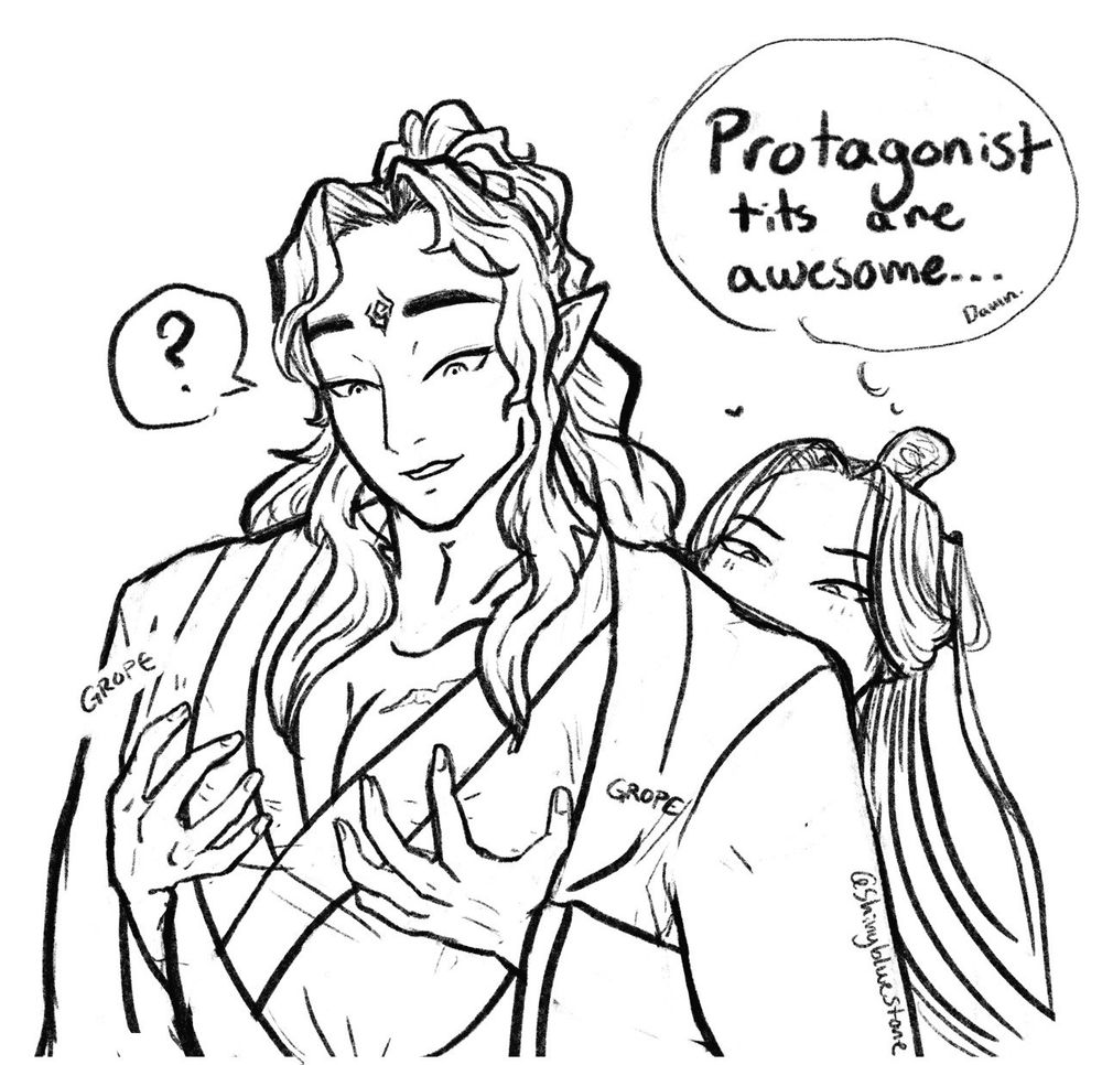Shen Qingqiu stands behind Luo Binghe peeking over his shoulder as he gropes his husbands chest. The demon is confused but pleased.