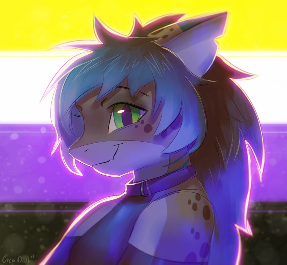 Viridian smiling, wearing their swimsuit and collar, with the non-binary colours in the background