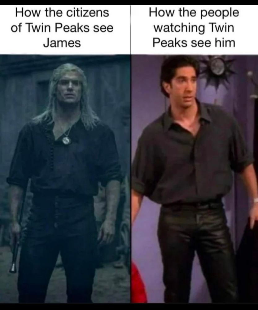 How the citizens of Twin Peaks see James: image of Geralt of Rivia, muscular, long-haired, wielding his steel sword, from The Witcher

How the people watching Twin Peaks see James: Ross from Friends 
