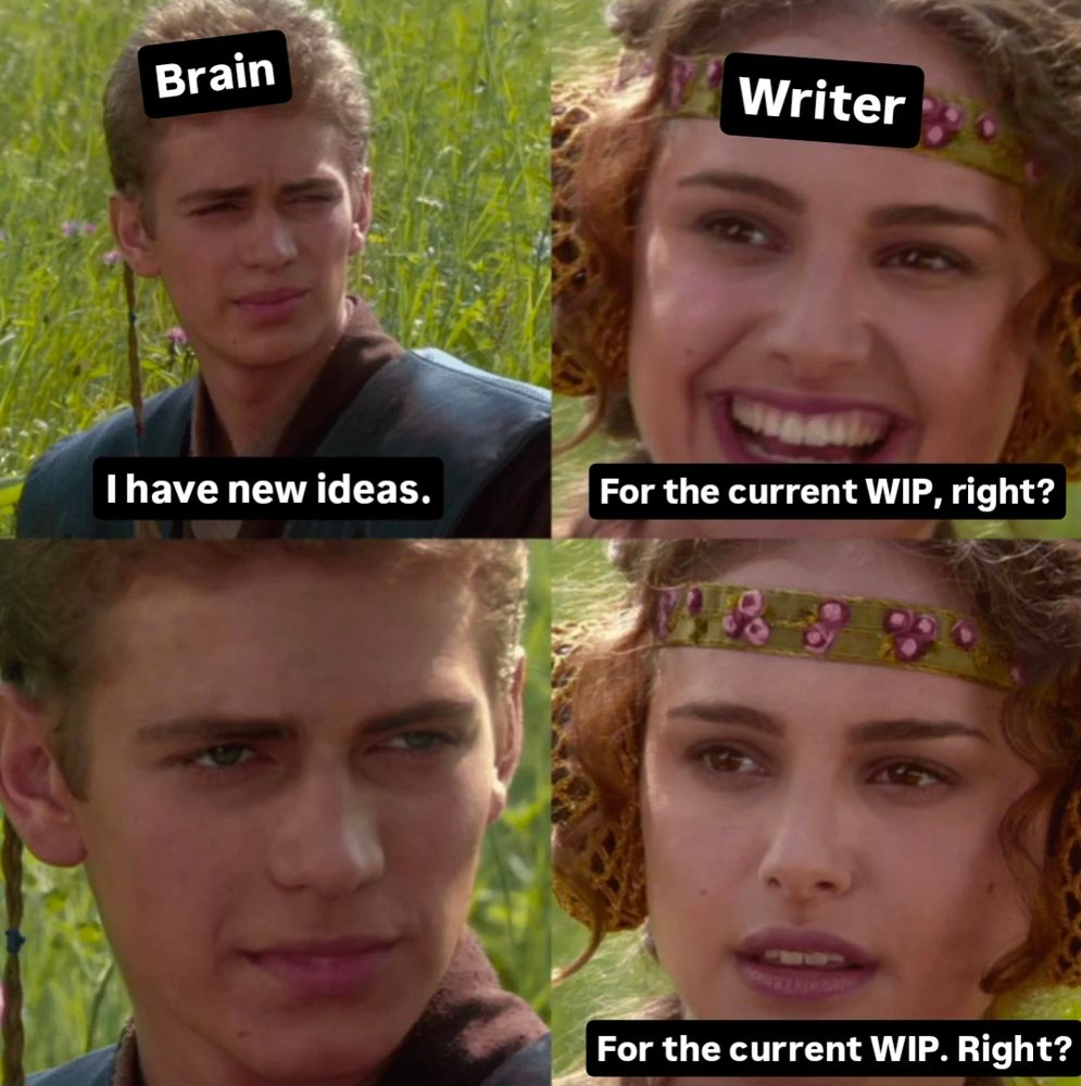 Anakin and Padme meme, with Anakin labeled as Brain and Padme labeled as writer, for the sake of the joke and definitely not a reflection of their characters

Brain: I have new ideas.

Writer, smiling: For the current work in progress, right?

Brain: silent

Writer, not smiling: For the current work in progress. Right?