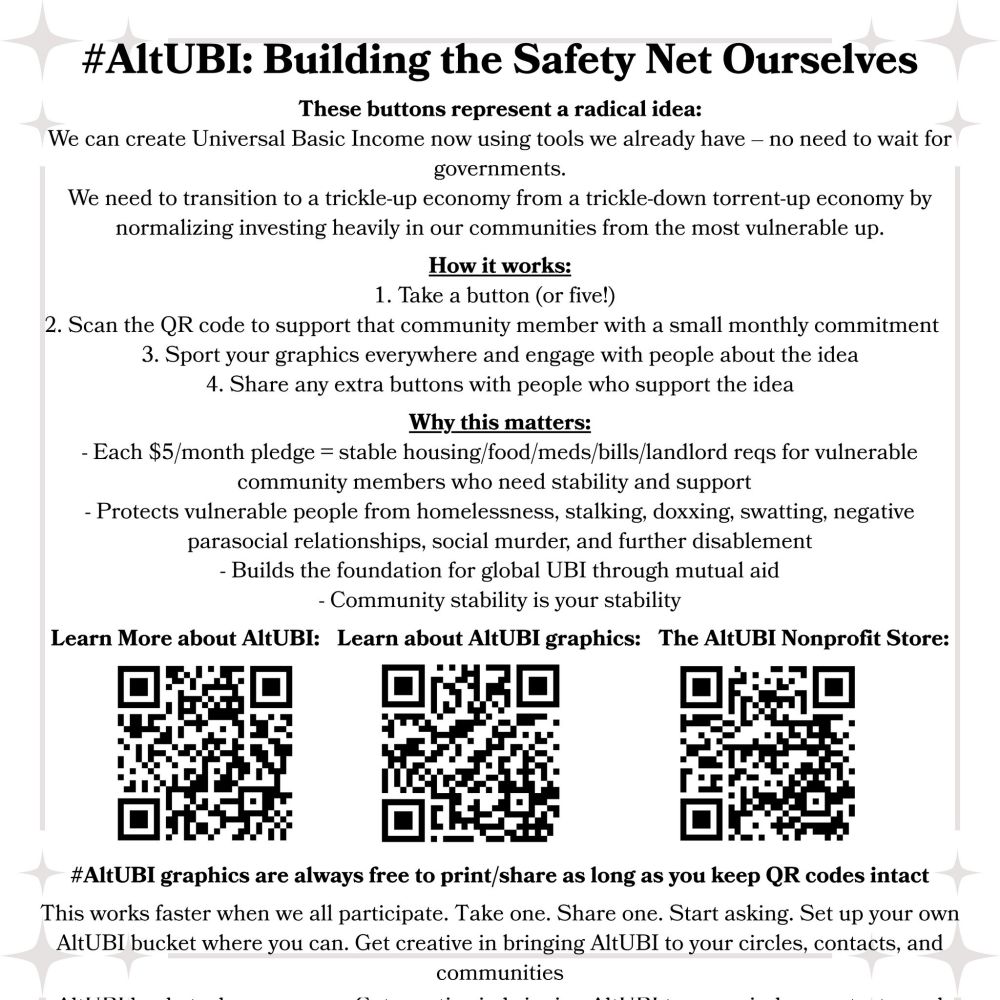 A graphic titled "#AltUBI: Building the Safety Net Ourselves"

There are three separate QR codes at the bottom: left one for learning more about Alt UBI, middle one for learning about Alt UBI graphics, and the right one being a direct link to the AltUBI Nonprofit Store.