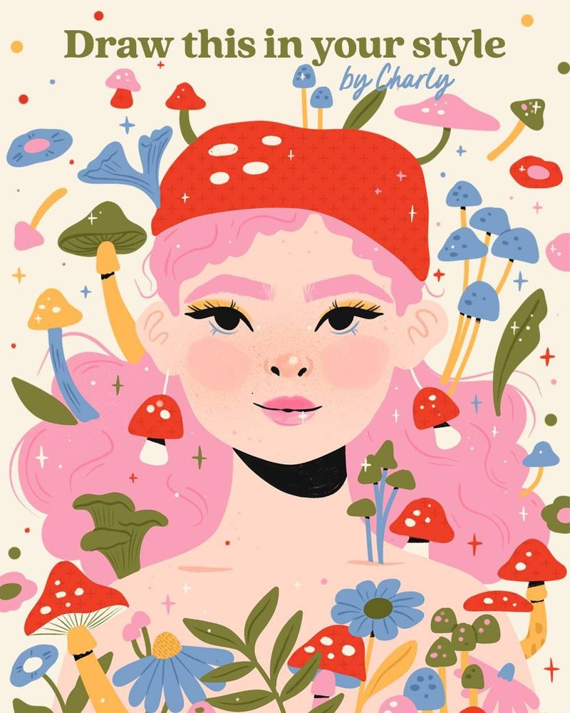 Charly Clements' original illustration of the pink haired mushroom girl set as a Draw This In Your Style challenge for April. 