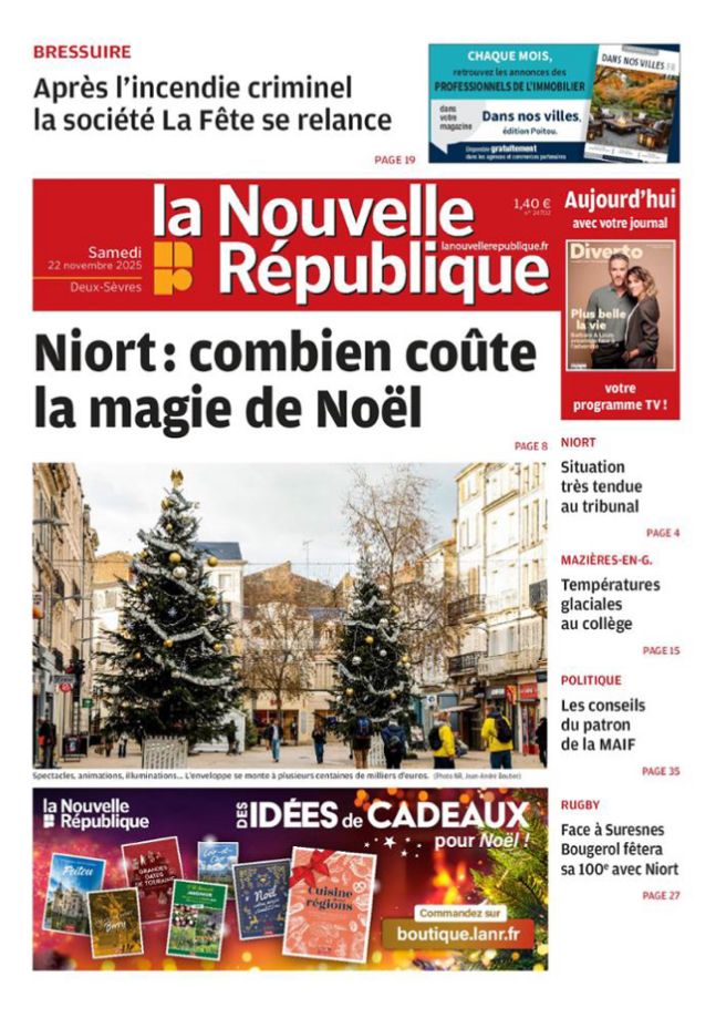 Une du quotidien régional de la Nouvelle République du samedi 22 novembre 2025.