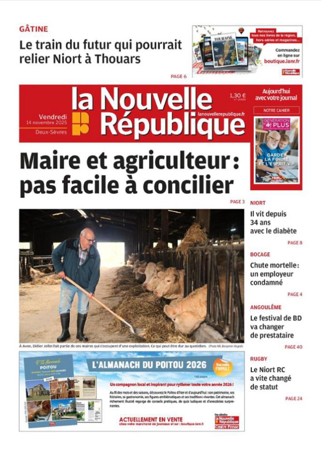 Une du quotidien régional de la Nouvelle République du vendredi 14 novembre 2025.