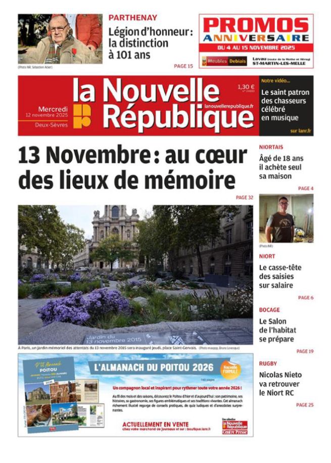 Une du quotidien régional de la Nouvelle République du mercredi 12 novembre 2025.