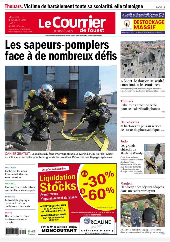 Une du quotidien régional du Courrier de l’ouest du mercredi 8 octobre 2025. 