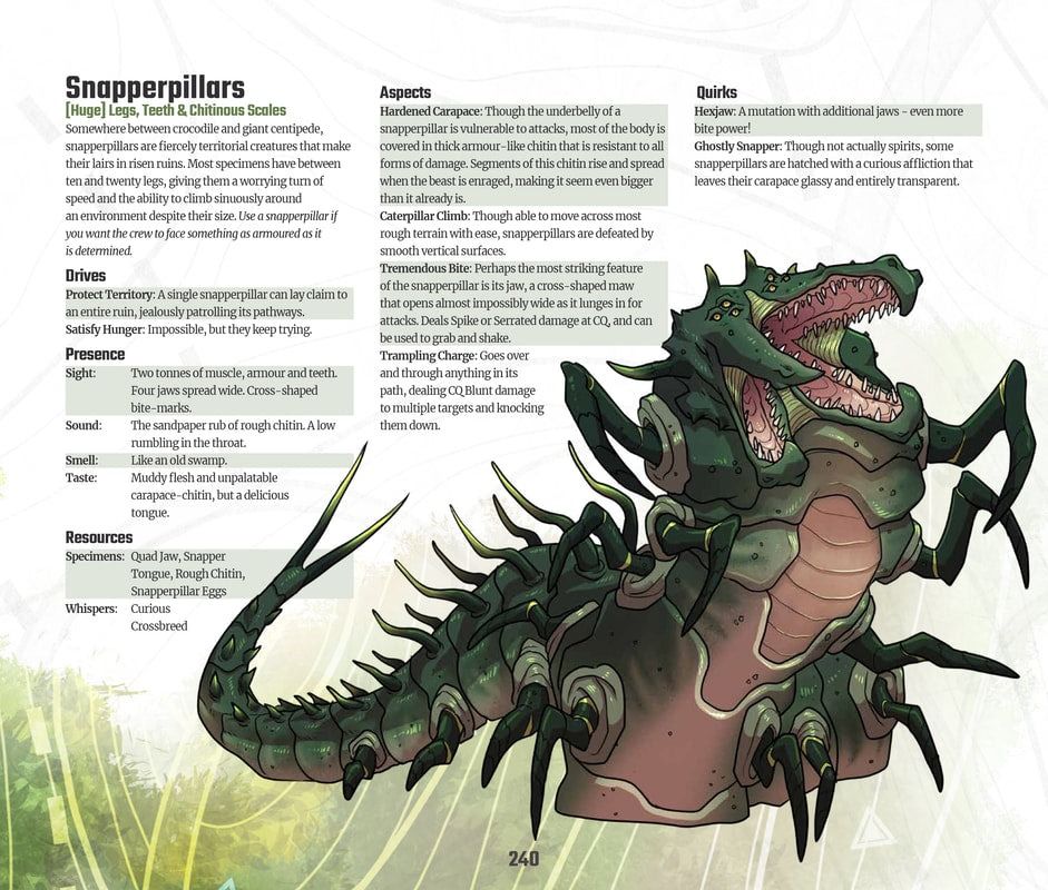 The stat page for a monster from Wildsea called the Snapperpillar. It's got a caterpillar like body with many sharp legs and then an alligator head that splits into four maws.
