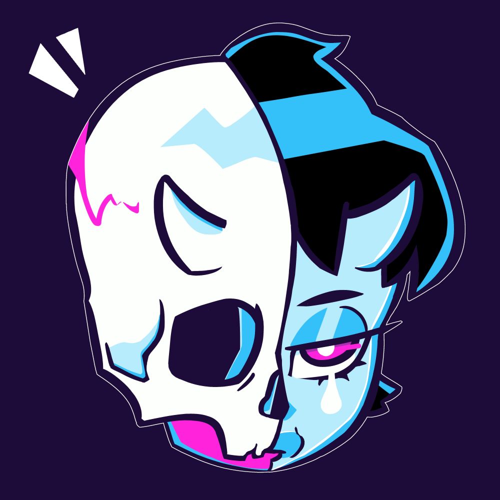 Art depicting a face split down the middle: one side is a skull, the other is a woman with a single tear dripping from her eye. Both sides have devil horns.