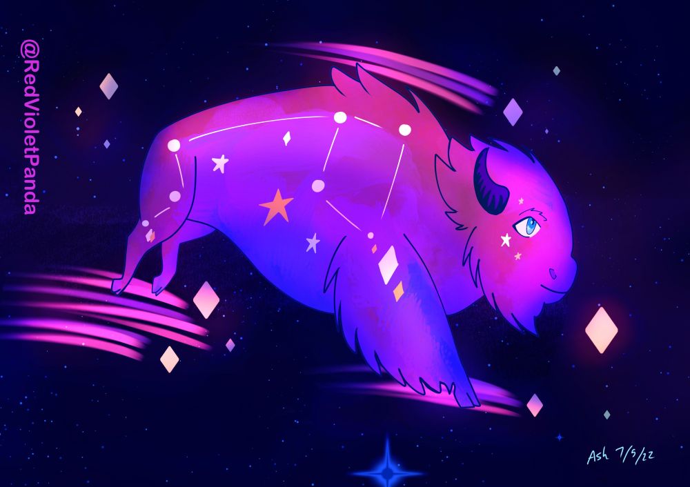 An American bison rendered in pinks and purples with markings suggesting constellations gallops across space, flanked by comets.