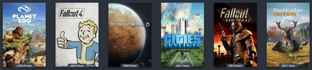An image showing the Steam 'covers' of Planet Zoo, Fallout 4, Rimworld, Cities Skylines, Fallout New Vegas, and theHunter Call of the Wild