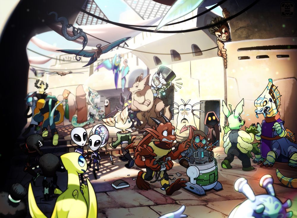 An alien marketplace full of various different types of character. In the center focus, an imp like character is dismantling a star wars style droid. A Lilo and Stitch like alien meanwhile tries to diffuse the situation with the angry owner of the droid. A trouble making gremlin-like creature watches nearby
