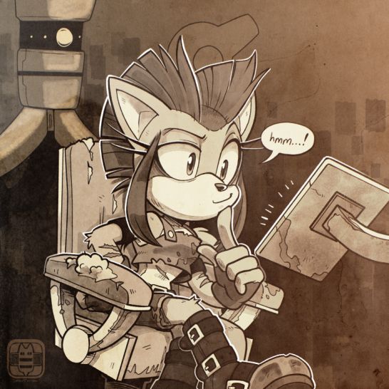 A sepia toned image of the character Fiona Fox reimagined in a gritty, Fallout inspired outfit and design. She's looking at a mirror at her two-mohawk hairstyle and seems to appreciate the daring look, one hand at her hip and a finger pressed to chin contemplatively 