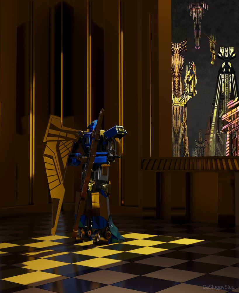 Sentinel Prime is seen looking out of a window in the Prime tower, watching Iacon city outside.