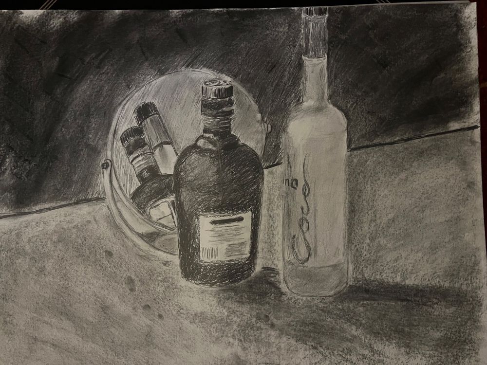 bottles and a mirror, graphite and charcoal drawing
