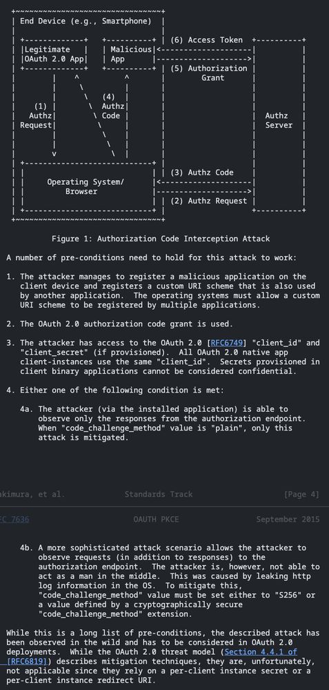 a beautiful ascii diagram and text wall explaining the scenario which caused PKCE to be necessary in oauth protocol (from RFC 7636)