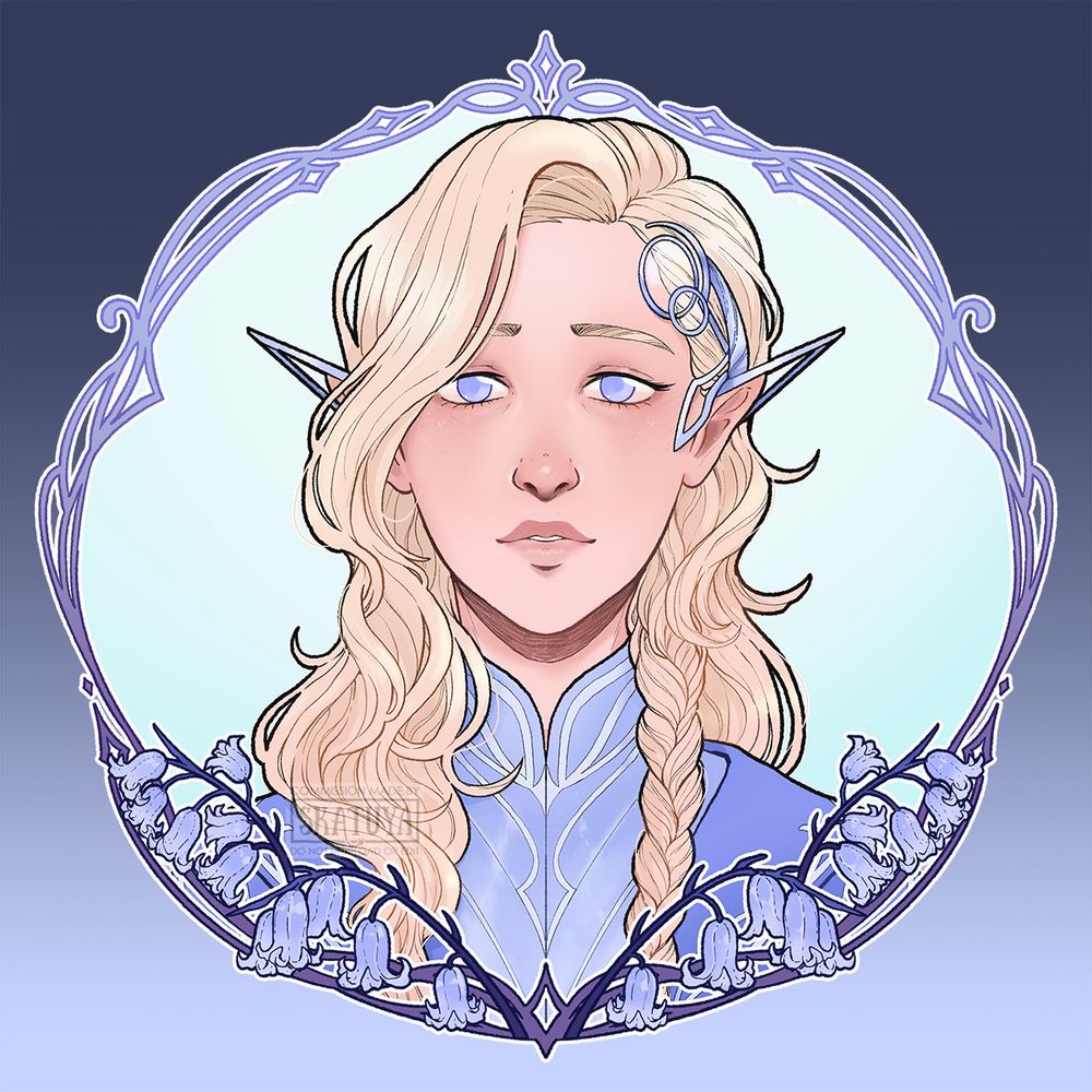 A symmetrical portrait of a blonde half elf girl with light blue eyes and metallic ear jewelry that look like extensions and a headpiece wearing periwinkle clothes surrounded by an elaborate wreath of lines and light purple bell flowers.