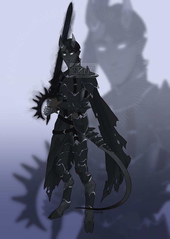 Digital character design adoptable of a dark grey and black tiefling with hooves in black and dark silver armor holding a black sword, with white glowing eyes.