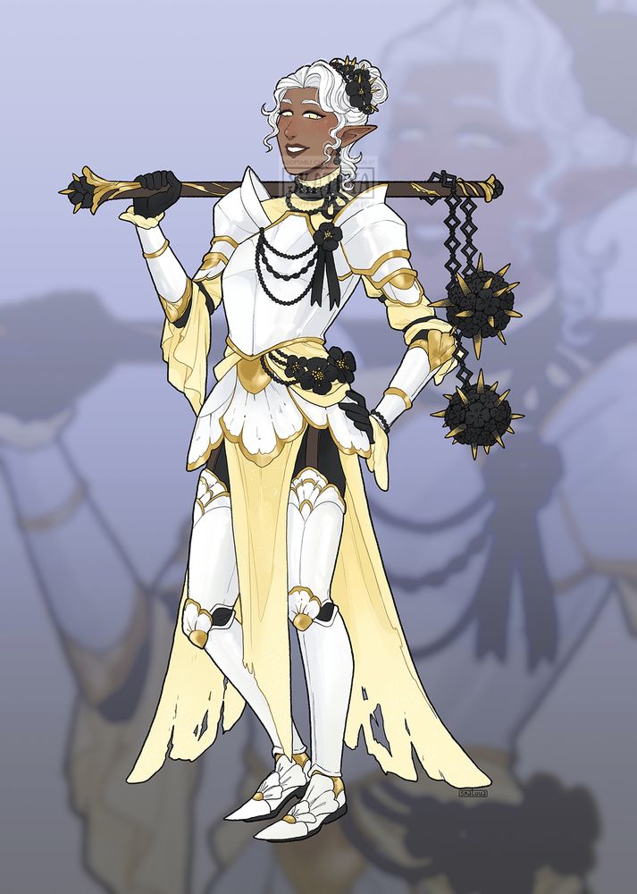 An adoptable character design of a feminine looking elf with brown skin, white hair, and pale yellow eyes, wearing white armor with pale yellow garments and black flowers as accents to her design.